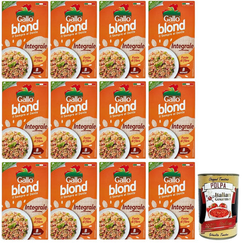 Gallo Reis Gallo Riso Blond Integrale,100% Italienischer Reis,Ballaststoffquelle,Vollkorn Reis Kochzeit 8 Minuten,Packung mit 1Kg 12x Original italienisch inkl. Italian Gourmet Polpa di Pomodoro 400g Dose 8001420000788