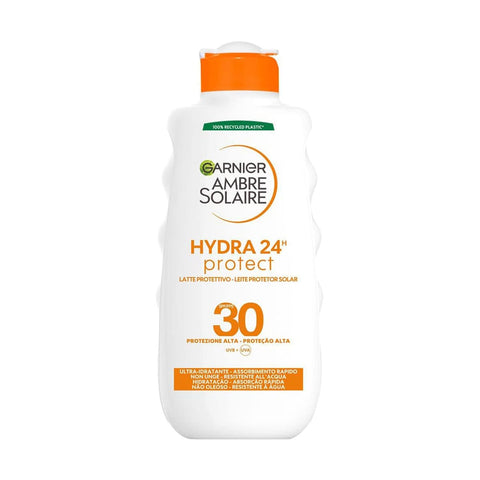Garnier Körpersonnenschutz Garnier Ambre Solaire Milchschutz Hydra 24H Protect, Gesicht und Körper, Ultra-Feuchtigkeitsspendend für den ganzen Tag, mit hohem SPF 30-Schutz, wasserfest, schnelle Absorption, 200 ml Original italienisch 3600541921252