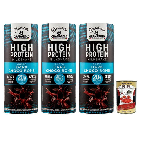 Granarolo Milchshakes Granarolo HIGH PROTEIN Milkshake DARK CHOCO BOMB,UHT-Dauergetränk auf Basis von Magermilch,Laktosefrei und Glutenfrei,235ml 3x Original italienisch inkl. Italian Gourmet Polpa di Pomodoro 400g Dose 8002670167610