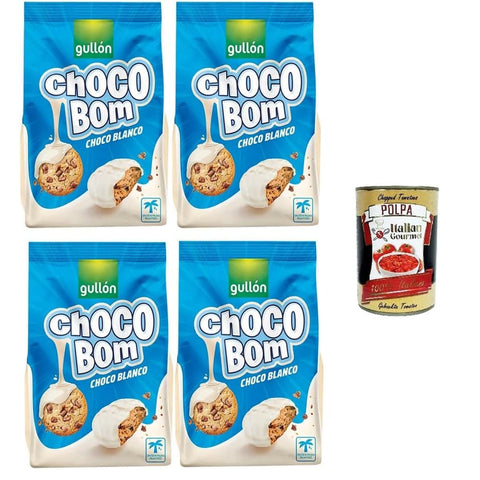 Gullon Kekse Gullon Choco Bom Biscotti con gocce di cioccolato ricoperti al cioccolato bianco Schokoladenkekse mit weißer Schokolade überzogen 4x200gr Original italienisch inkl. Italian Gourmet Polpa 400g 8032804040014