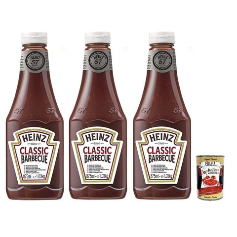 Heinz Barbequesaucen Heinz Salsa Barbecue BBQ Sauce mit Rauchigen Geschmack Squeeze Flasche 875 ml 3x italienisch Original + kostenlos Polpa di Pomodoro 400 g Dose 8001040029954
