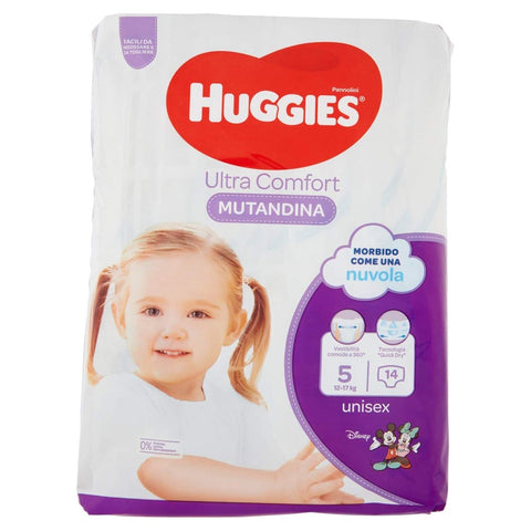 HUGGIES Babywindeln HUGGIES PANNOLINI Mutandina Einweg-Windeleinlagen, Kinder/Mädchen, Windel, 12 kg, 17 kg, mehrfarbig, 14 Stück (S)) Original italienisch 5029053564340