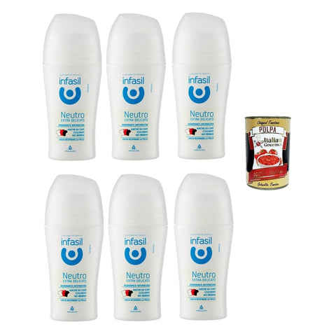 Infasil Deo Infasil Deo Roll-On, neutral, extra sanft, ohne Aluminiumsalze, Fleckenschutz, Deodorant, 6x 50 ml Original italienisch inkl. Italian Gourmet Polpa 400g 8032804040014