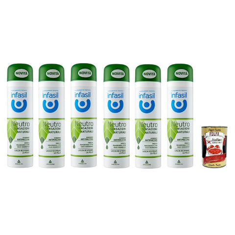 Infasil Deodorant deo Spray Neutro Sensazioni Naturali Fragranza con Olio Essenziale Fleckenabweisend ohne Aluminiumsalze 6x150 ml italienisch Original + kostenlos