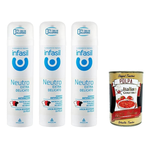 Infasil Deo Infasil Deodorant-Spray, neutral, extra sanft, fleckenabweisende Formel ohne Aluminiumsalze, wirksam bis zu 24 Stunden, 3x 150 ml Original italienisch inkl. Italian Gourmet Polpa 400g 8000036021620