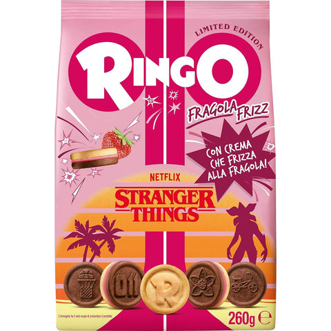 Pavesi Snack Ringo Stranger Things Special Edition, Kekse gefüllt mit Sprudelcreme mit Erdbeergeschmack, 260 g italienisch Original