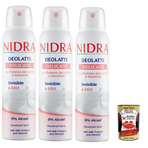 Nidra Deodorante Deolatte Delicato Deodorant Spray mit Milchproteinen und Mandel Deo 3x150 ml italienisch Original + kostenlos polpa 400 g