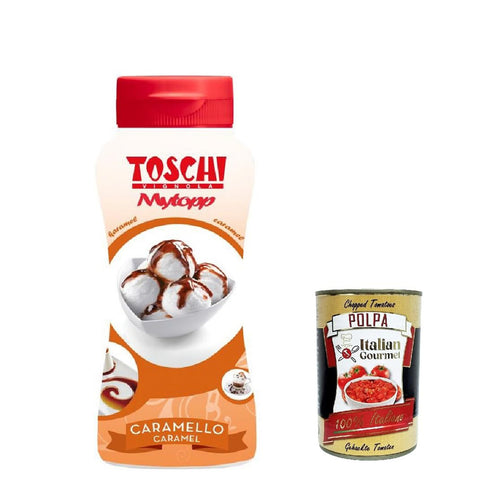 Toschi Topping Squeeze Caramello Karamell Topping Sauce für Kaffee Cocktails Eisbecher Porridge Pfannkuchen und Gebäck 200 g 12x italienisch Original Pastasauce