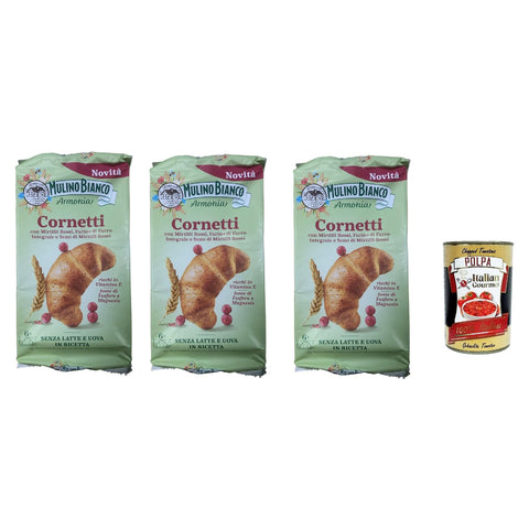 Mulino Bianco Cornetti, Croissant süßer Snack, Ohne Milch und Eier, mit Blaubeeren, Vollkornmehl und roten Blaubeersamen 3x 228 gr inkl. Italian Gourmet polpa 400g Original italienisch