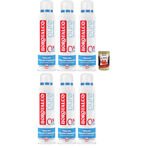 Borotalco deo deodorant Spray Puro Brezza Marina, mit Talk mit atmungsaktiven Molekülen, ohne Alkohol und Aluminiumsalze, 48 Stunden Wirksamkeit, 6x 150 ml Original italienisch inkl. Italian Gourmet Polpa 400g
