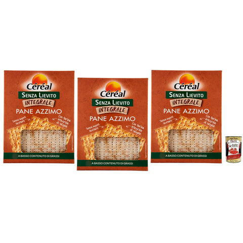 Céréal Senza Lievito Integrale Pane Azzimo, Ohne Hefe, Ungesäuertes Brot mit Roggenvollkornmehl, Niedriger Fettgehalt 3x 180g inkl. Italian Gourmet Polpa di Pomodoro 400g Dose Original italienisch