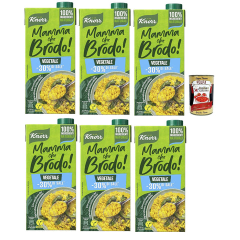 Knorr Mamma Che Brodo! Gemüsebrühe mit -30% * Salz, natürliche Zutaten und Gemüse aus nachhaltiger Landwirtschaft, Gluten -frei und Laktose -1L 6x Original italienisch inkl. Italian Gourmet Polpa 400g