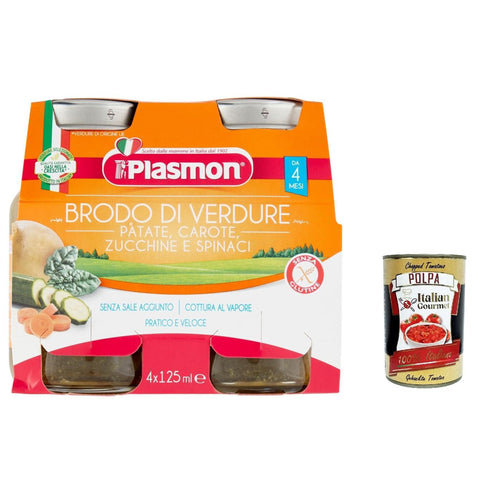Plasmon Brodo Di Verdure, Gemüsebrühe mit Kartoffeln, Karotten, Zucchini und Spinat Liquido 6x 4x125g inkl. Italian Gourmet polpa 400g Original italienisch