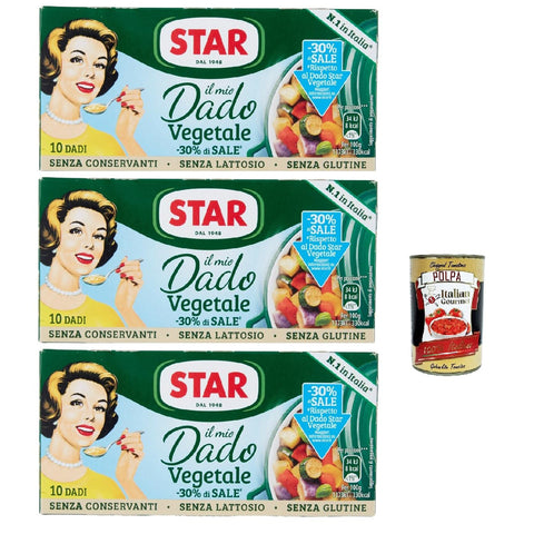 Star il mio Dado Vegetale -30% di Sale 10 Dadi, Suppenwürfel Brühe mit 9 Gemüsesorte reich an Geschmack mit -30% salz, 3x 100 g Original italienisch inkl. Italian Gourmet Polpa 400g