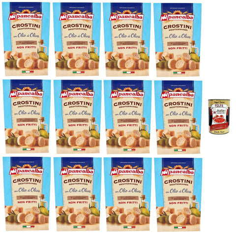 Panealba Crostini Mediterraneo con Olio di Oliva Croutons mit Olivenöl Gesalzener Snack Nicht Gebraten Nicht Frittiertes 12x 100g inkl. Italian Gourmet polpa 400g Original italienisch