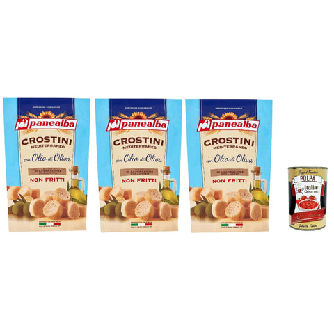 Panealba Crostini Mediterraneo con Olio di Oliva Croutons mit Olivenöl Gesalzener Snack Nicht Gebraten Nicht Frittiertes 3x 100g Original italienisch inkl. Italian Gourmet Polpa 400g