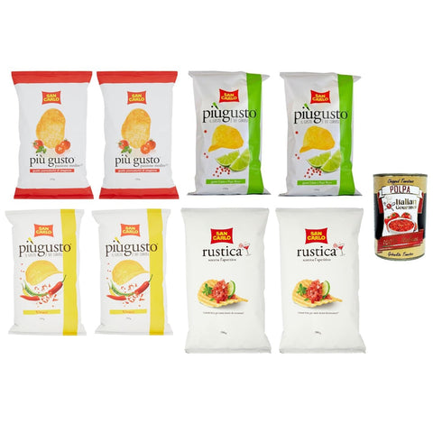 SAN CARLO Più Gusto Patatine, Paprika Testpaket Original italienisch inkl. Limette und rosa Pfeffer + Kirschtomaten - Kartoffelchips Chips, 6x 150g + Rustica 2x 300g Beutel + Italian Gourmet Polpa 400g