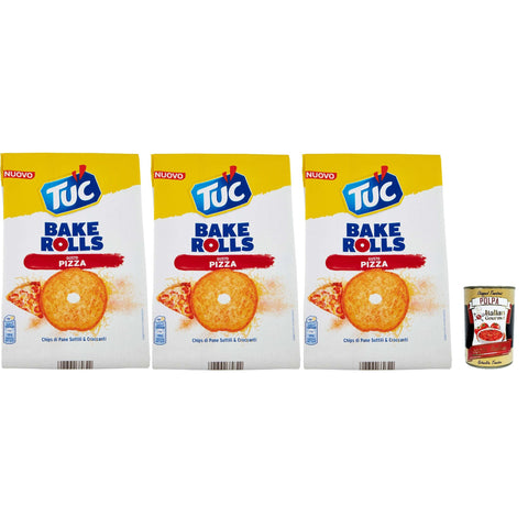 Tuc Bake Rolls, Chips di Pane Sottile e Croccante gusto PIzza, Im Ofen gebackene, dünne und knusprige PIzza Brotchips 3x 150 g Original italienisch inkl. Italian Gourmet Polpa 400g