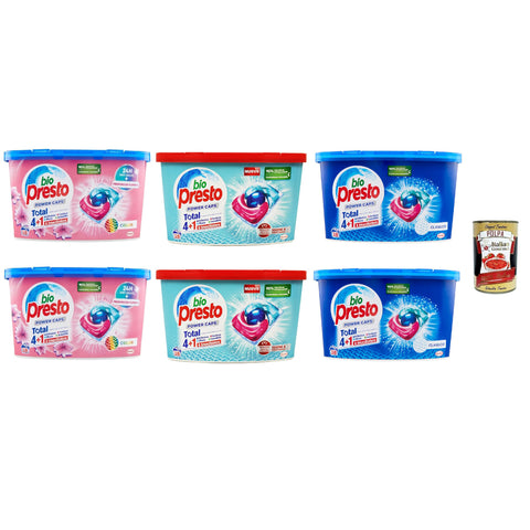 Bio PResto Power Caps Testpaket, Color, Igiene, Classico Prädikat - Waschmaschinenwaschmittel in Kapseln für farbige Kleidungsstücke, Packung 6x 18 Waschen inkl. Italian Gourmet polpa 400g Original italienisch