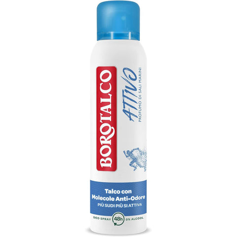 Borotalco blaues aktives Spray - Deodorant, Formel ohne Alkohol und Talk mit Anti - Odor - Molekülen, 48 Stunden Wirksamkeit, Duft von Meersalz 12x 150 ml inkl. Italian Gourmet Polpa 400g Original italienisch
