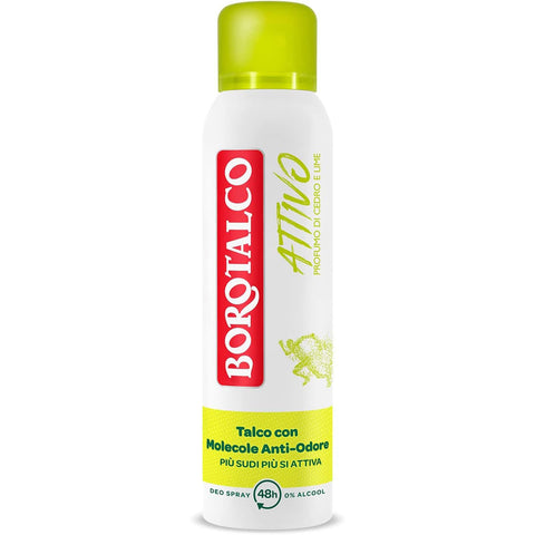 Borotalco gelbe aktives Spray Deodorant, Formel ohne Alkohol und Talk mit Anti - Odor - Molekülen, 48 Stunden Wirksamkeit, Duft von Zedern und Kalk 12x 150 ml inkl. Italian Gourmet Polpa 400g Original italienisch