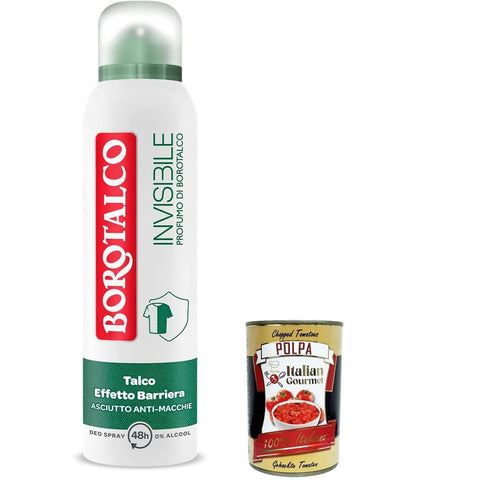 Borotalco Invisible grünes unsichtbares Deo - Spray, alkoholfreie Formel mit Talk - Barriere - Effekt, 48h Talkumpuder, Parfüm 6x 150 ml inkl. Italian Gourmet Polpa 400g Original italienisch
