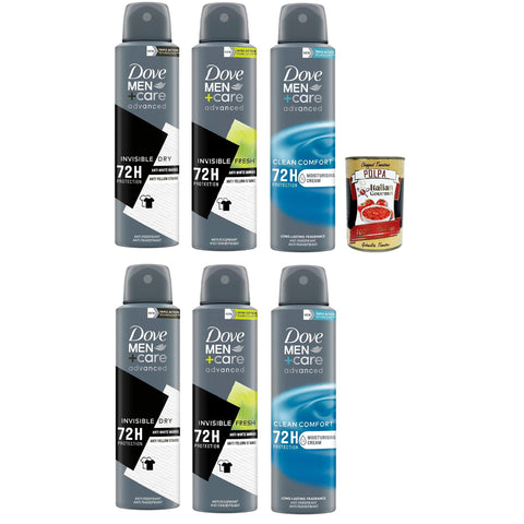 Dove Deodorant Men Original italienisch inkl. Care Testpaket Spray Advanced Care, Deo für Männer,mit 1/4 Feuchtigkeitscreme, hautfreundliche Formel, 72 Stunden, 6x 150ml + Italian Gourmet Polpa 400g