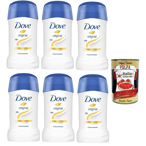 Dove Deodorante Original italienisch Stick, Anti -Draining Deodorant in Stick, mit 1/4 Feuchtigkeitscreme, Schutz bis zu 48 Stunden, mit nahrhaftem Öl, Deo -Mann und Frau, 6x 40ml italienisch inkl. Italian Gourmet Polpa 400g