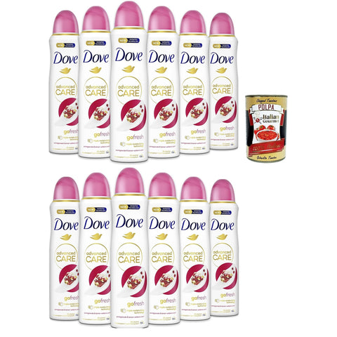 Dove Deodorante Spray Advanced Care Go Fresh Pomegranate, deo Mit feuchtigkeitsspendenden und empfindlichen Formel, ohne Alkohol, 72 Stunden 12x 150 ml inkl. Italian Gourmet polpa 400g Original italienisch