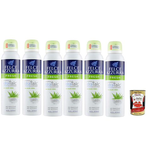 Felce azzurra Deodorant deo Spray Fresh mit Aloe Vera, IdraTalc Formel, 48 Stunden Wirksamkeit, Fleckenlos 6x 150 ml inkl. Italian Gourmet polpa 400g Original italienisch