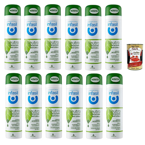 Infasil Deodorant deo Spray Neutro Sensazioni Naturali Fragranza con Olio Essenziale, Fleckenabweisend, ohne Aluminiumsalze 12x 150ml inkl. Italian Gourmet polpa 400g Original italienisch
