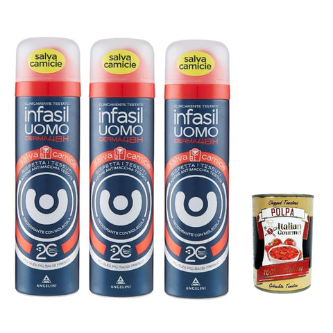 Infasil Deodorant Spray für Herren Derma 48h Hemdschutz mit Molekül 2C, für Männerkleidung, Deo 3x 150 ml inkl. Italian Gourmet polpa 400g Original italienisch