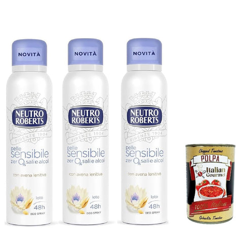 Neutro Roberts Deodorante Spray Avena, Deospray für Empfindliche Haut mit Hafer und Lotus Blume, Wirksam 48 Stunden Ohne Salze und Alkohol 3x 150ml inkl. Italian Gourmet polpa 400g Original italienisch
