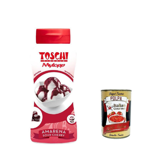 Toschi Topping Squeeze Amarena, Kirschen Topping Sauce für Kaffee, Cocktails, Eisbecher, Porridge, Pfannkuchen und Gebäck 200gr 12x Original italienisch inkl. Italian Gourmet Polpa 400g