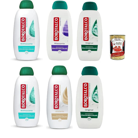Borotalco Testset Duschgel, Profumo di Borotalco Rinfrescante and Rilassante Body and Shower Gel Shower Gel 6 x 450 ml inkl. Italian Gourmet Polpa 400 g Original italienisch