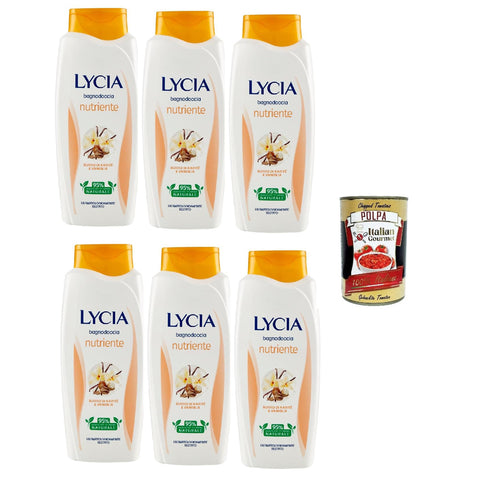 Lycia bagnodoccia nutriente, con Burro di Katitè e Vaniglia, Sheabutter und Vanille Schaumbäder Bades bath shower foam 6x 750 ml Original italienisch inkl. Italian Gourmet Polpa 400g