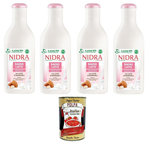 Palmolive Nidra Bagnolatte Delicato Duschgel Hilft, die Haut mit Feuchtigkeit zu versorgen und zu reinigen mit Milchproteine und Mandelmilch 4x 750ml inkl. Italian Gourmet polpa 400g Original italienisch