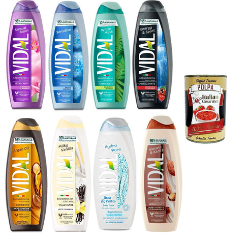 Vidal bagnoschiuma Testpaket, Schaumbäder Bades bath shower foam 8x 500ml inkl. Italian Gourmet polpa 400g Original italienisch