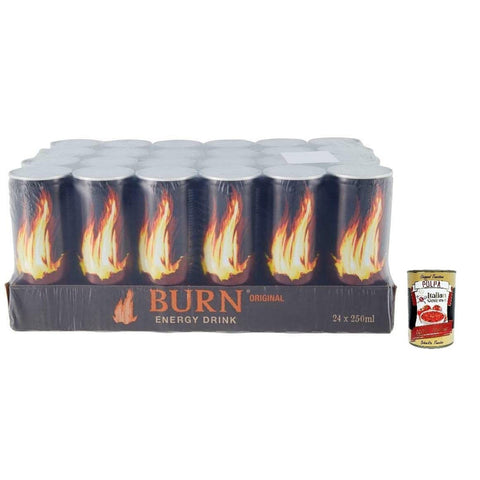 Burn Energy Drink, Energiegetränk mit zugesetzter Kohlensäure, enthält Taurin, Koffein, Guarana und B - Vitamine Einwegdose 24x 250ml inkl. Italian Gourmet Polpa di Pomodoro 400g Dose Original italienisch