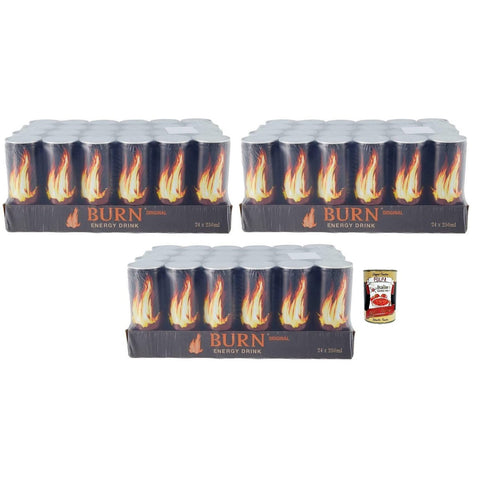 Burn Energy Drink, Energiegetränk mit zugesetzter Kohlensäure, enthält Taurin, Koffein, Guarana und B - Vitamine Einwegdose 72x 250ml inkl. Italian Gourmet Polpa di Pomodoro 400g Dose Original italienisch