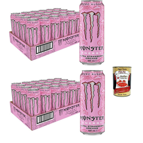 Monster Energy Drink Dose Ultra Erdbeere Dreams Zero Sugar 48x500 ml, strawberry flavored soft drink Original italienisch inkl. Italian Gourmet Polpa 400g