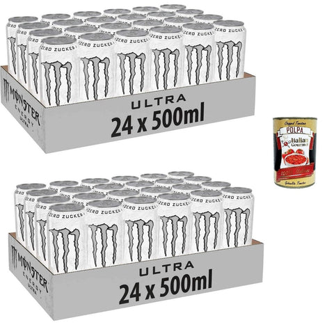 Monster Energy Ultra White - koffeinhaltiger Energy Drink mit sanftem Zitrus - Geschmack - ohne Zucker und ohne Kalorien - in praktischen Einweg Dosen ( ) 48 x 500 ml inkl. Italian Gourmet polpa 400g Original italienisch