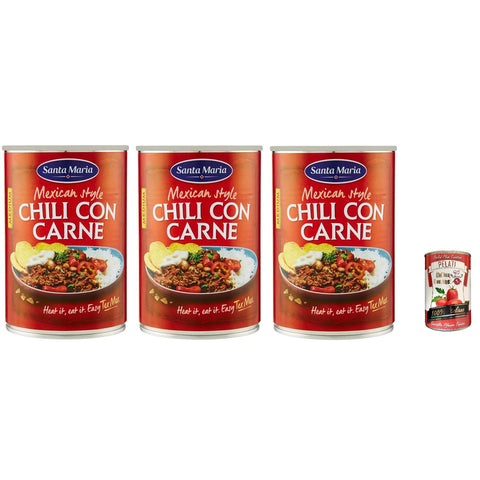 Santa Maria Chili Santa Maria, Chili con Carne, leicht scharfes Gericht der Tex - Mex - Küche, zum Füllen von Tacos oder zum Servieren mit Tortillachips, Dose 3x 410 g inkl. Italian Gourmet pelati 400gr Original italienisch