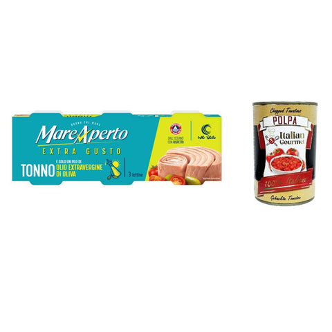 Mare Aperto Extra gusto Tonno Thunfisch mit Natives Olivenöl extra Thunfisch konserven wilder Thunfisch 180g (3x60g) 3x Original italienisch inkl. Italian Gourmet Polpa 400g