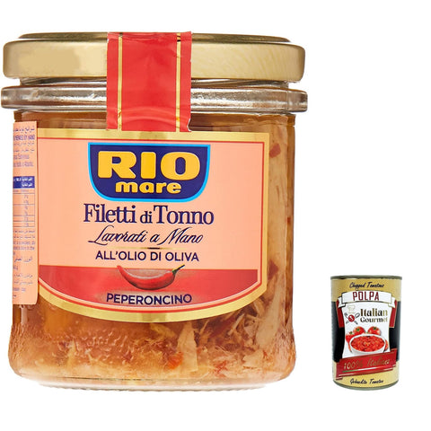 Rio Mare Filettini di Tonno all'Olio di Oliva con Peperoncino Thunfischfilets in Olivenöl mit Chili, handgemacht 130g 12x Original italienisch inkl. Italian Gourmet Polpa 400g