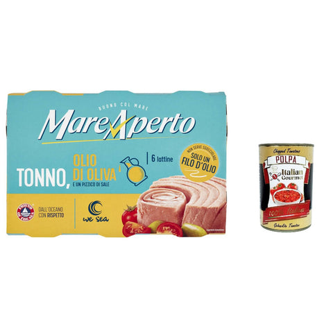 Mare Aperto Tonno Thunfisch mit einem Spritzer Olivenöl Thunfisch konserven wilder Thunfisch 360g (6x60g) 6x Original italienisch inkl. Italian Gourmet Polpa 400g
