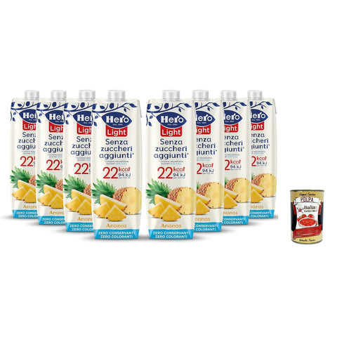 Hero Light Fruit Drink Ananasgeschmack, Saft mit sehr wenigen Kalorien nach Portion, ohne zugesetzten Zucker, Null - Konservierungsstoffe, Farbstoffe, 8 Flaschen 1l inkl. Italian Gourmet polpa 40g0 Original italienisch