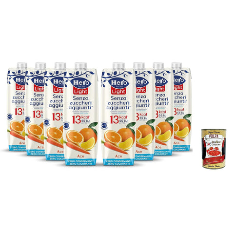 Hero Light Fruit Getränk Geschmack ACE, Saft mit sehr wenigen Kalorien pro Portion, ohne zugesetzten Zucker, keine Konservierungsstoffe, Farbstoffe, 8 Flaschen 1L inkl. Italian Gourmet polpa 400g Original italienisch