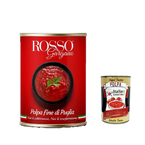 Rosso Gargano pomodori Polpa fine di Puglia, polpa di Pomodoro Tomatenpulpe Tomaten sauce 100% Italienisch 400g in dose 48x Original italienisch inkl. Italian Gourmet Polpa 400g