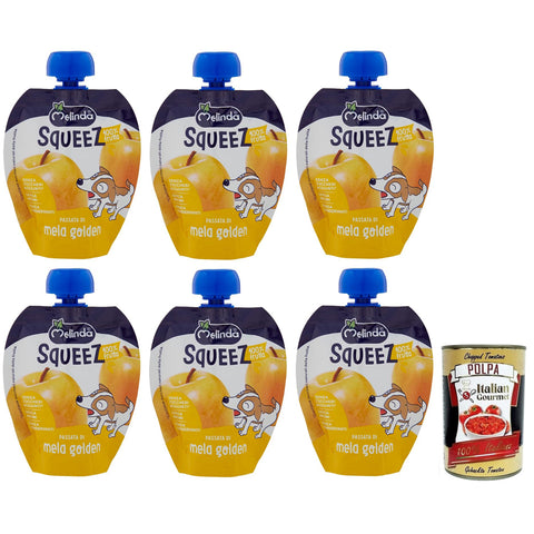 Melinda Passata di Mela Golden Squeez 100% Frucht,Goldenes Apfel Fruchtpüree,Obst zum Auspressen,90g 6x Original italienisch inkl. Italian Gourmet Polpa di Pomodoro 400g Dose